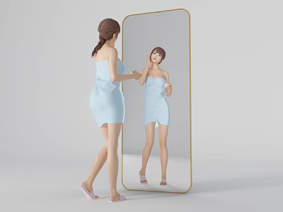 Woman looking in full length mirror wearing light blue bathrobe with ponytail and pink slippers 3d model