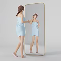 Woman looking in full length mirror wearing light blue bathrobe with ponytail and pink slippers