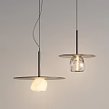Two Modern Pendant Lights With Black Metal Base White Stone And Transparent Glass Shades