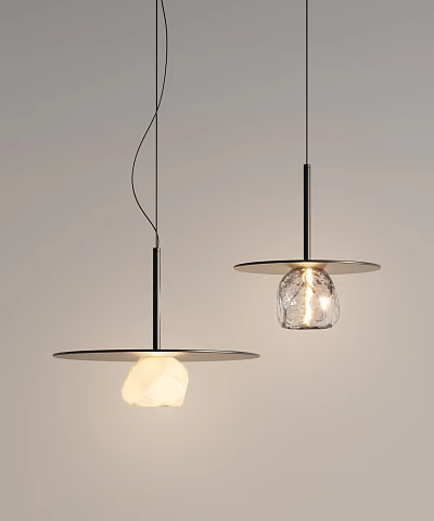Two Modern Pendant Lights With Black Metal Base White Stone And Transparent Glass Shades 3d model