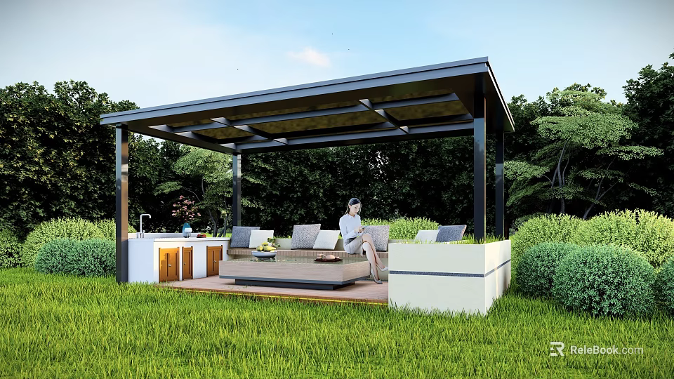 Modern Garden Pavilion with Black Roof and Wooden Deck Surrounded by Green Grass and Trees 3d model 