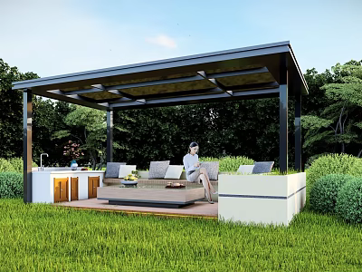 Modern Garden Pavilion with Black Roof and Wooden Deck Surrounded by Green Grass and Trees 3d model
