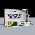 Modern Exhibition Booth Design With Logo Area Triangular Screens And White Seating