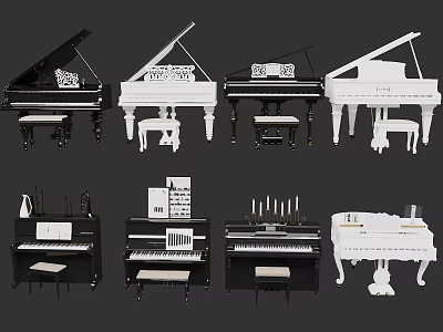 Black And White Grand Upright Piano Keyboard Musical Equipment With Stools 3d model