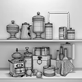 Elegant Gold And Wooden Kitchenware With Grinders Jars Lemons And Wine Bottles On Shelves