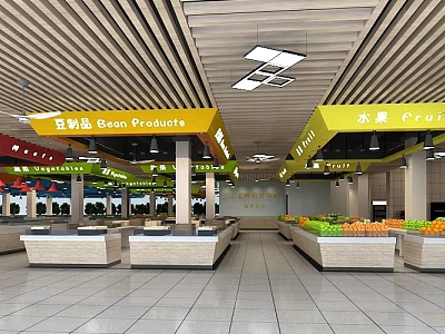 Fresh Produce Market Interior With Bean Products Fruit Vegetable Stalls And Signs 3d model