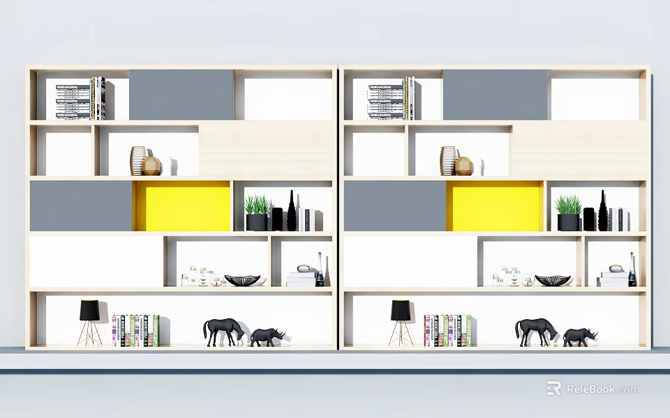 Modern Open Bookcase Design With Yellow Gray White Compartments And Decorative Items 3d model