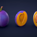 Whole and Cut Purple Plums Showing Yellow Flesh and Seed on Dark Background