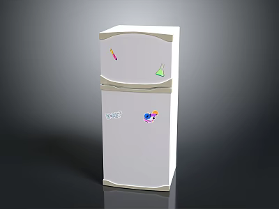 White Double Door Refrigerator With Colorful Decorative Stickers For Home Use 3d model