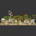 Red Roofed Castle Building Model On Circular Base With Water Area Green Trees And Decorative Statues