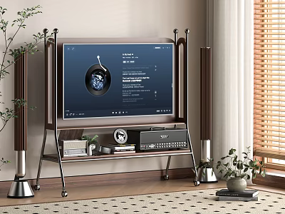 TV on Modern Wheeled Stand with Floor Speakers and Media Interface in Living Room Decor 3d model