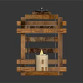 Two Wooden Candle Lanterns With Layered Structure Featuring Lit Candle Design