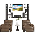Brown Leather Massage Chairs In Home Theater Setup With TV And Speakers