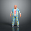 Bald Man Wearing Blue Jacket With Red Design And Blue Pants With Yellow Patterns