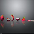 Fresh Dragon Fruit Whole Sliced Pulp and Peel Display on Black Surface 3d model