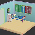 Miniature Bedroom Interior With Blue Walls Bed Blue Sheets White Cabinet Window And Checkered Curtains