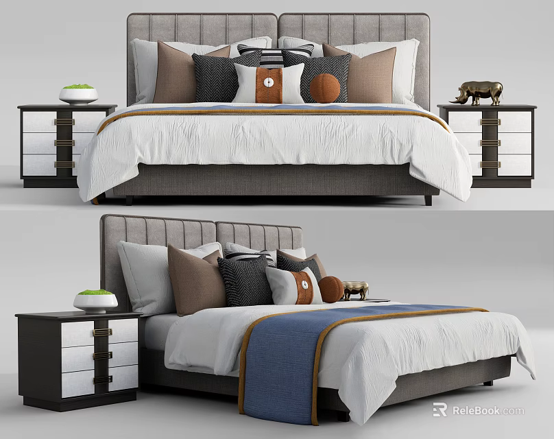 Modern Double Bed With Upholstered Headboard White Sheets Decorative Pillows And Nightstands 3d model