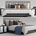 Modern Double Bed With Upholstered Headboard White Sheets Decorative Pillows And Nightstands 3d model