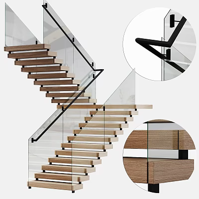 Modern Floating Stairs With Wooden Treads Glass Railing And Steel Handrail Design 3d model
