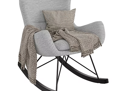 Gray Upholstered Rocking Chair with Plaid Cushion Herringbone Blanket and Black Metal Frame 3d model
