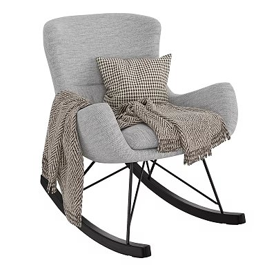 Gray Upholstered Rocking Chair with Plaid Cushion Herringbone Blanket and Black Metal Frame 3d model