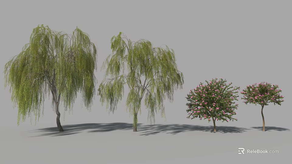 Weeping Willow Trees And Flowering Arbor With Pink Blossoms In Garden Landscape 3d model 