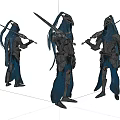 Game and Movie Character in Armored Blue Cloth Outfit With Sword in Three Different Poses