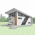 Modern Concrete Single Family House With Sloped Roof Large Windows Autumn Trees And Outdoor Seating