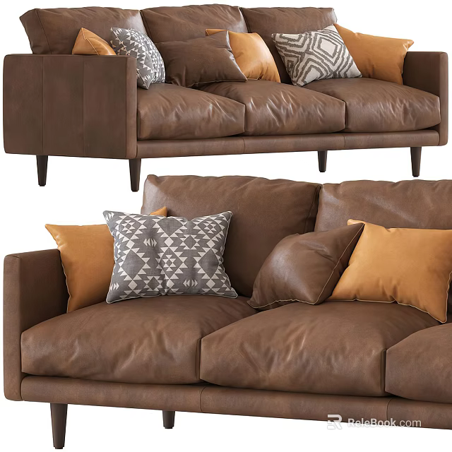 Brown Three Seater Leather Sofa with Orange and Geometric Patterned Decorative Pillows 3d model
