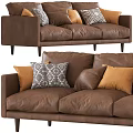 Brown Three Seater Leather Sofa with Orange and Geometric Patterned Decorative Pillows 3d model