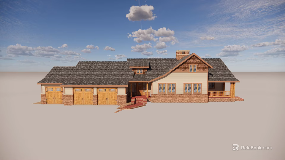 Spacious Single Family Home with Gray Roof Brown Garage Doors Brick Walls and Porch 3d model 