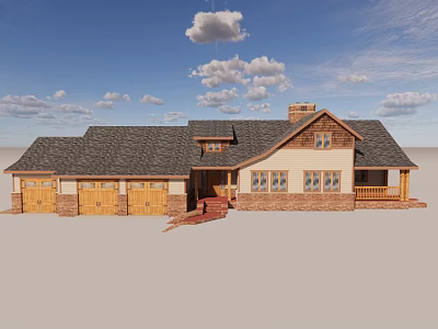 Spacious Single Family Home with Gray Roof Brown Garage Doors Brick Walls and Porch 3d model
