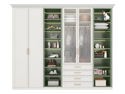 Modern White Wardrobe With Glass Doors Multiple Shelves And Drawers For Storage 3d model