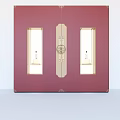 Red Accent Wall With Golden Decorative Strips And Side Windows With Displayed Items 3d model