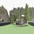 Modern Boutique Hotel Buildings With Conical Perforated Design Surrounded by Water Ponds and Greenery