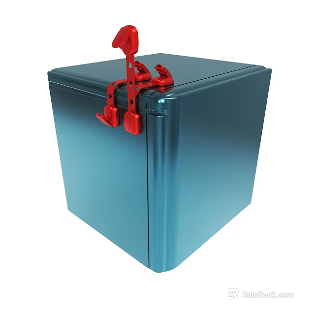 Blue Cube Device With Red Clamp Fixture On Top Surface 3d model 