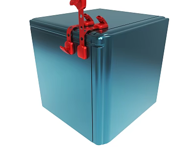 Blue Cube Device With Red Clamp Fixture On Top Surface 3d model
