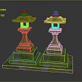 Two Green Moss Covered Stone Lanterns With Ornate Pedestal Base Design