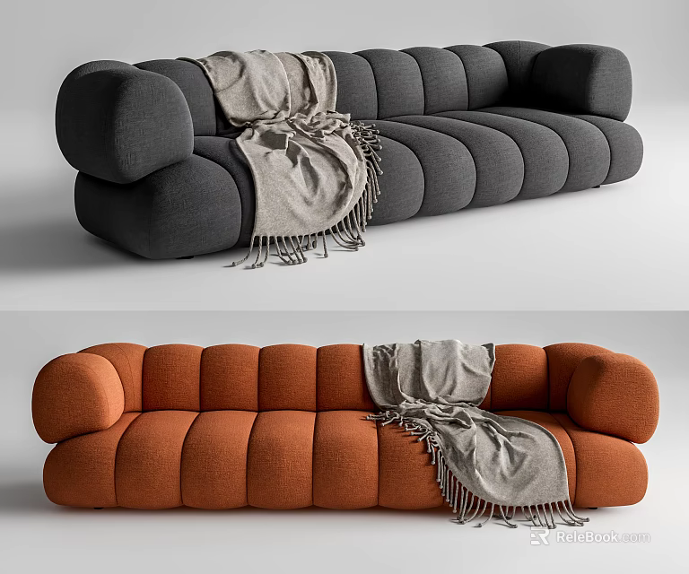 Gray and Orange Multi Seat Sofa with Rounded Design and Gray Blanket 3d model