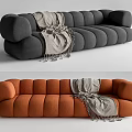 Gray and Orange Multi Seat Sofa with Rounded Design and Gray Blanket 3d model