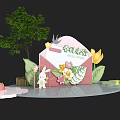 Spring Flower Painting Exhibition Booth Background With Pink Rabbit Tree Balloons And Gift Boxes
