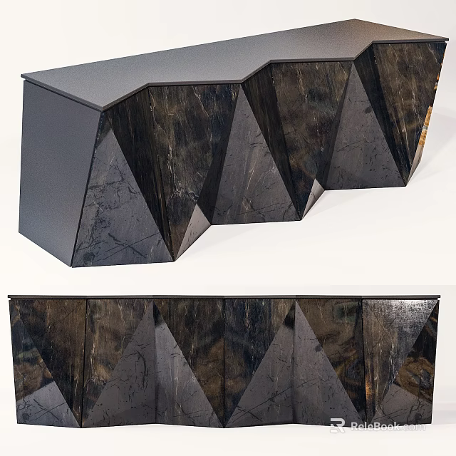Dark Geometric Cut TV Stand With Modern Design And Sleek Marble Texture 3d model 