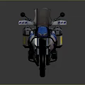 Stylish White And Blue Adventure Motorcycle With Black Windshield And Gray Side Cases