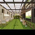 Outdoor Leisure Patio With Glass Ceiling String Lights Grass Lawn And Chairs