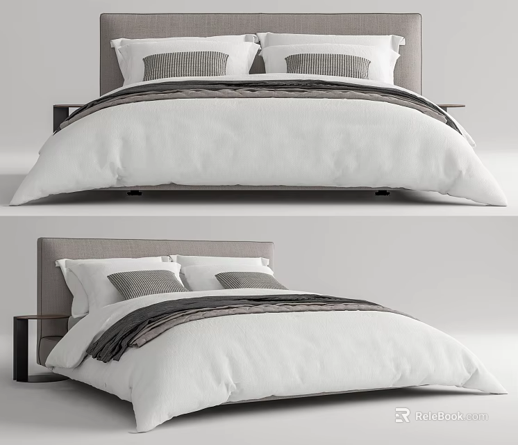 Sleek Modern Double Bed With Gray Headboard White Bedding And Decorative Pillows 3d model