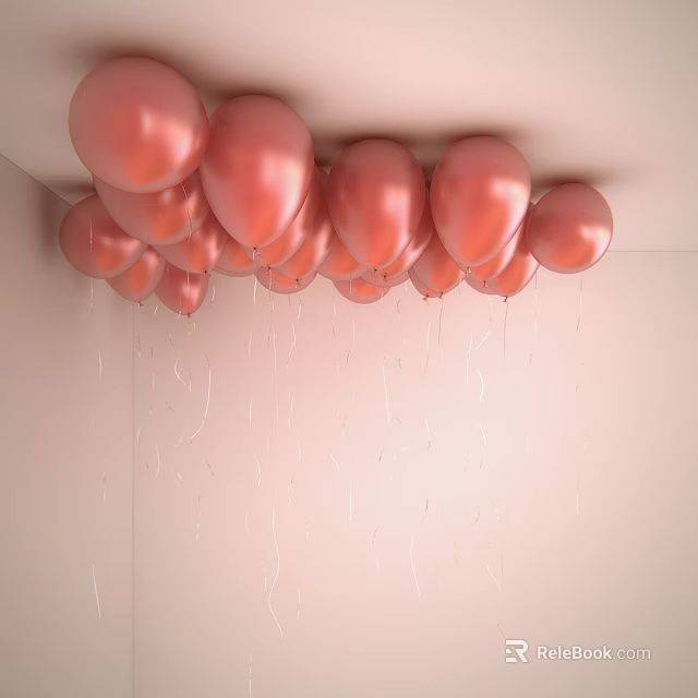 Pink Balloons Cluster Hanging From Ceiling With White Walls Interior 3d model 