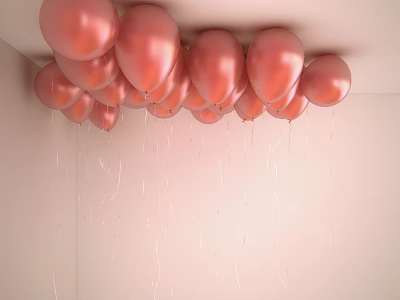 Pink Balloons Cluster Hanging From Ceiling With White Walls Interior 3d model