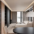 Modern Living Room Interior With Large Windows City View Beige Sofa And Black Coffee Tables