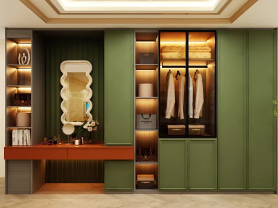 Modern Green Wardrobe Interior Design With Mirror Hanging Space And Storage Drawers 3d model