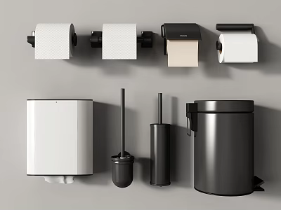 Modern Bathroom Accessories with Toilet Paper Holders Toilet Brush Trash Can in Black White Design 3d model